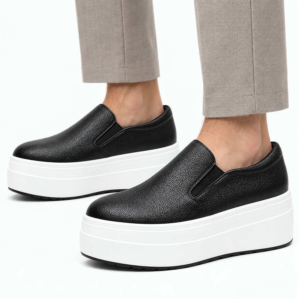 Women's Black Genuine Leather Platform Slip-On Loafers