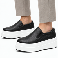 Women's Black Genuine Leather Platform Slip-On Loafers