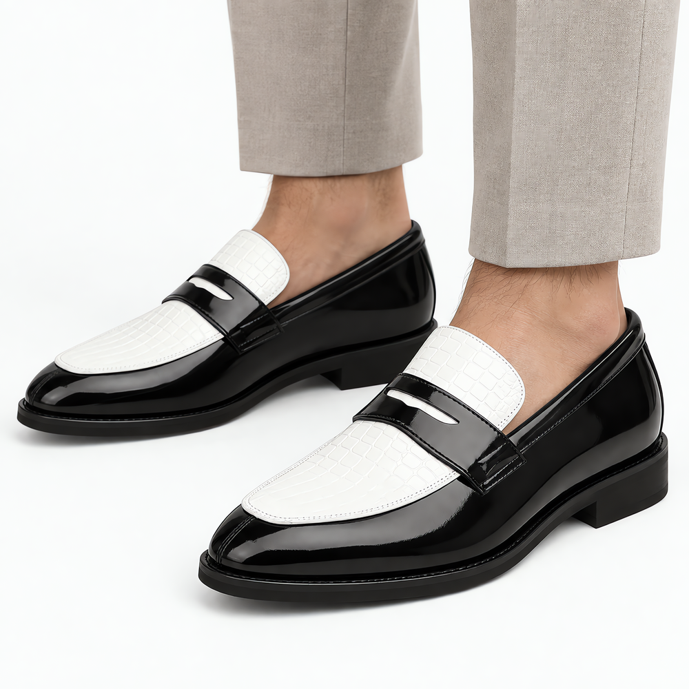 Men's Black & White Croc Pattern Mixed Leather Penny Loafers