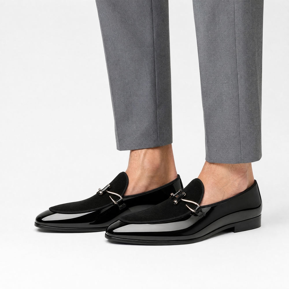 Men's Black Patent Leather Monk Loafers with Metal Bit