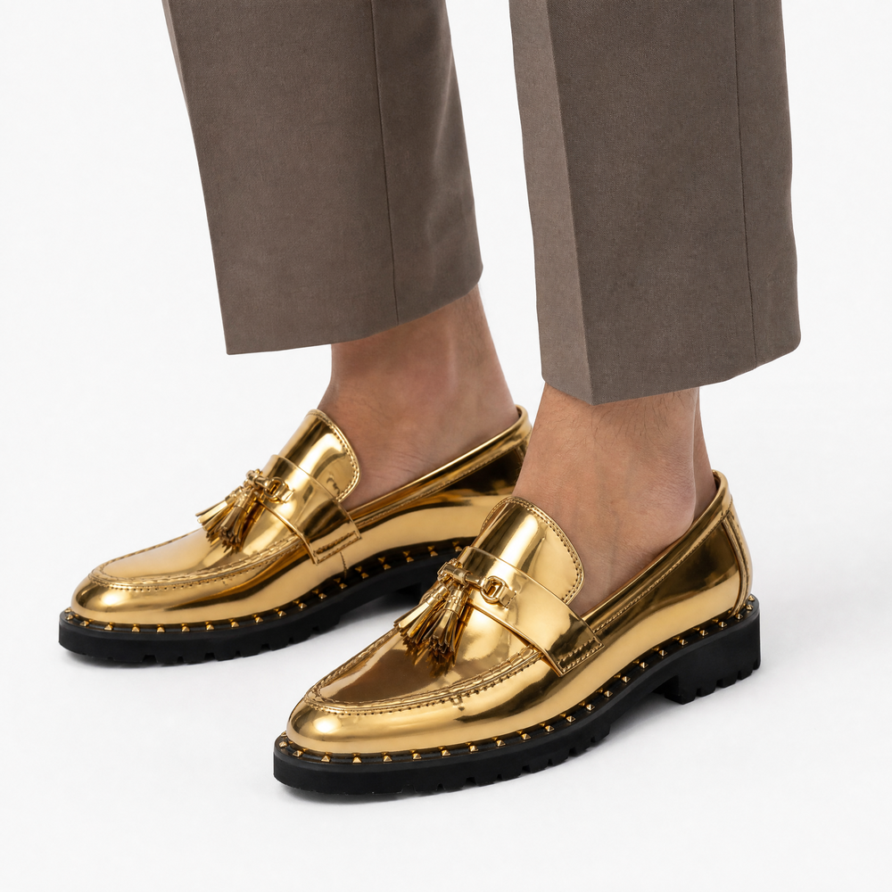Men's Gold Leather Tassel Loafers with Lug Sole