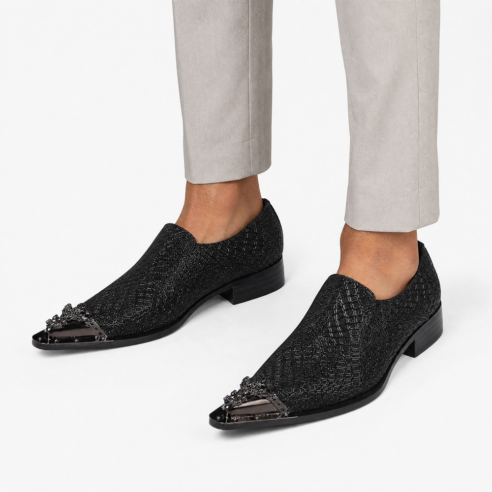 Men's Black Crocodile Textured Metal Toe Slip-On Loafers