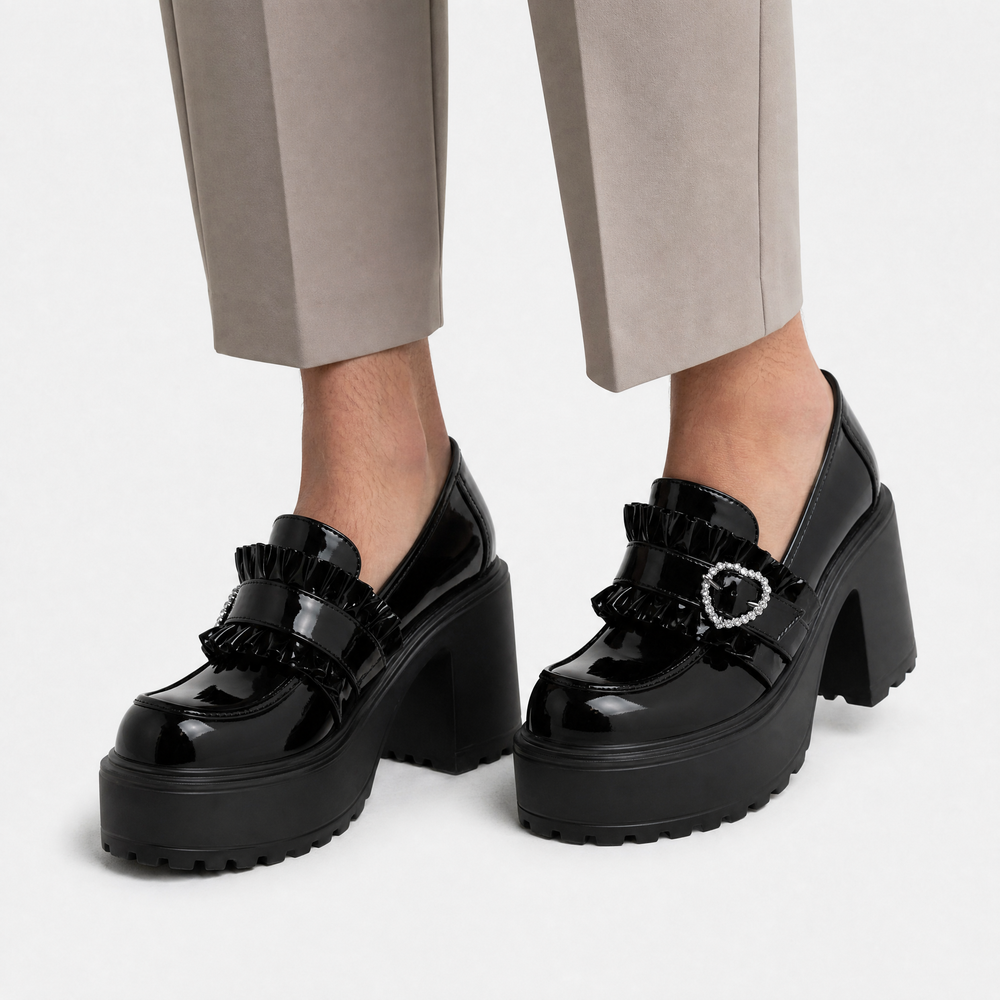 Women’s Black Lolita Platform Loafers with Rhinestone Heart Buckle