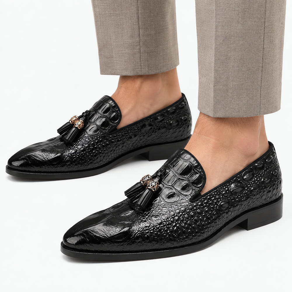 Men's Black Patent Leather Crocodile Embossed Tassel Loafers