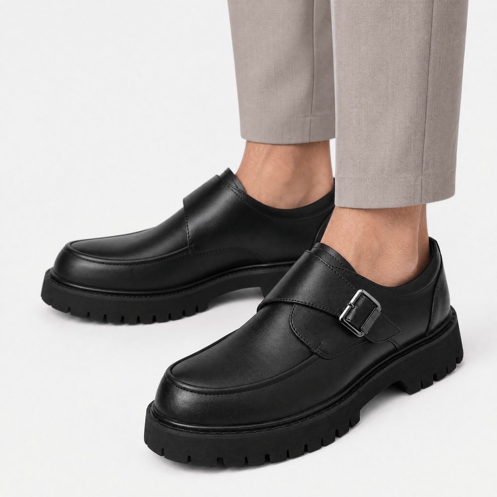 Gentry Morris Men's Black Monk Strap Platform Loafers with Chunky Lug Sole
