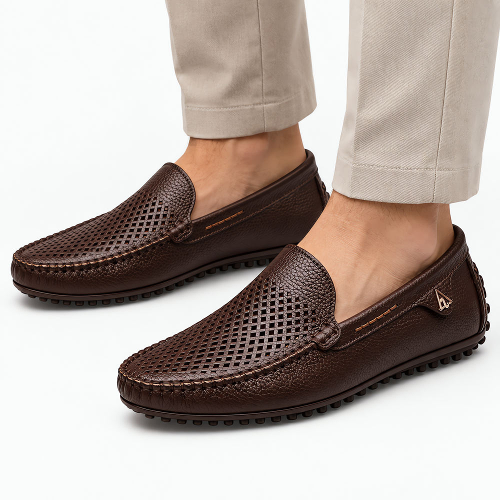 Men's Brown Leather Perforated Slip-On Driving Loafers